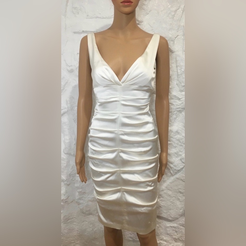 Vintage 90's CACHE Ruched Pearl White Satin Sleevless Deep V Neck Dress Sz 4